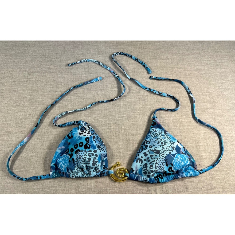 ZAFUL Womens Blue Leopard Floral Triangle‎ Bikini Top Gold Hardware Size S Y2K